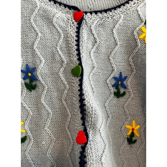 Wool Blend Embroidered Floral Knit Cardigan Sweater Cottagecore Heart Buttons - Picture 3 of 9